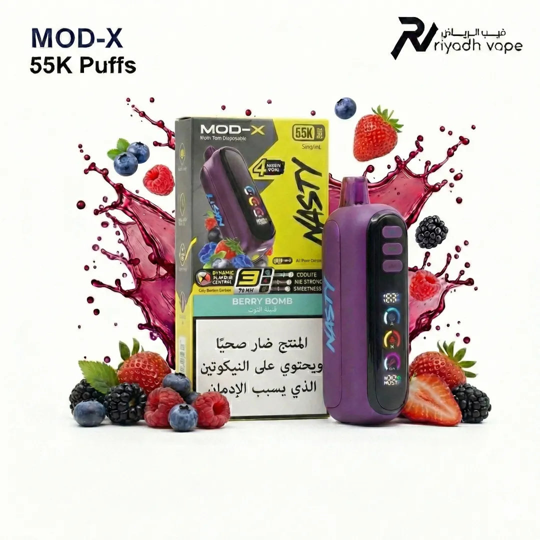 Nasty MOD-X 55K Berry Bomb mixed berry flavor disposable vape with dynamic flavor control and large display delivered in Riyadh Saudi Arabia