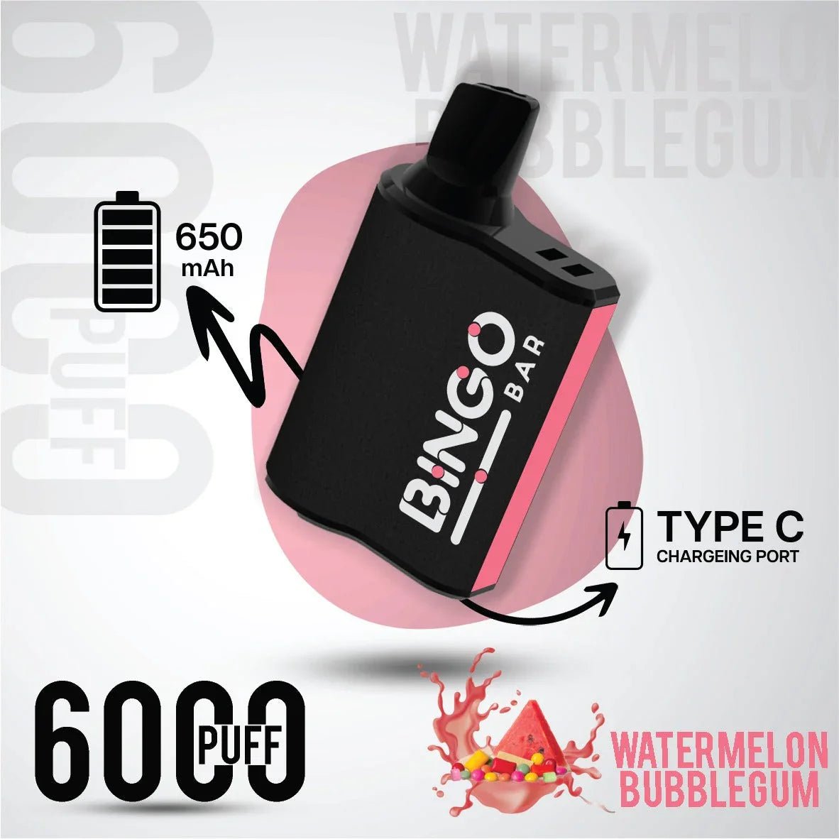 Bingo 6000 Puffs Disposable Vape - Watermelon Bubble Gum - Riyadh Vape Shop - Disposable Vape