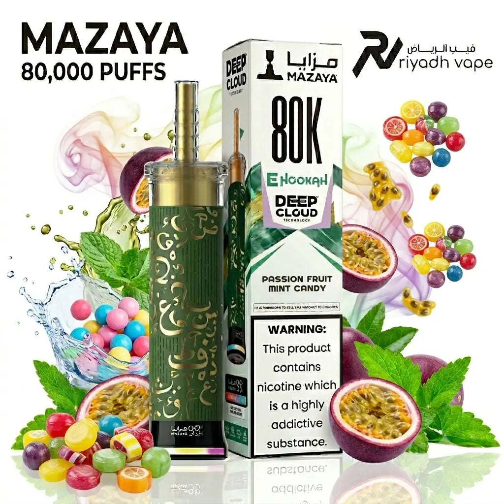 Mazaya Deep Cloud 80K disposable vape Passion Fruit Mint Candy flavour, 80,000 puffs, Riyadh Vape Shop