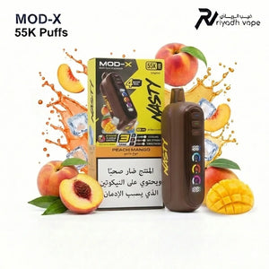 Nasty MOD-X 55K Mango Peach tropical fruit blend disposable vape with 3-tank system and quad mesh coils delivered in Riyadh