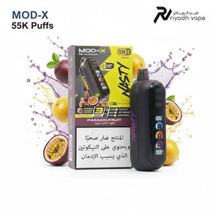 Nasty MOD-X 55K Passion Fruit tropical flavor disposable vape with three adjustable tanks and quad mesh coils available in Riyadh
