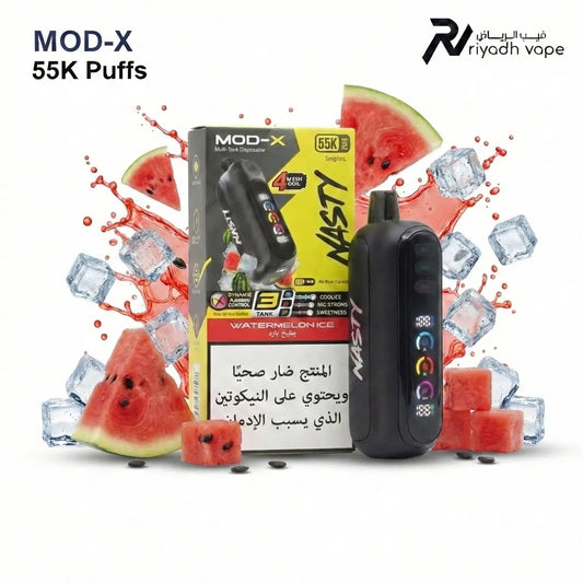 Nasty MOD-X 55K Watermelon Ice disposable vape with adjustable cooling control and quad mesh coils available for delivery in Riyadh