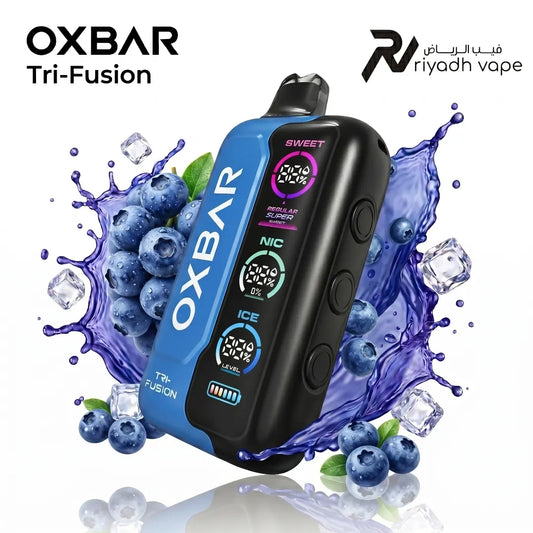 Oxbar Tri-Fusion 40K Disposable Vape - Blueberry flavor, showing the vibrant device color and mega screen display.
