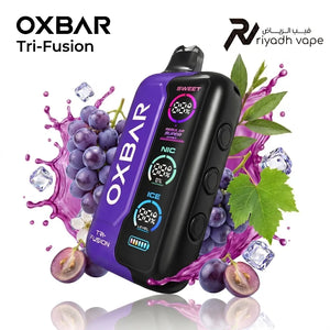 Oxbar Tri-Fusion 40K Disposable Vape - Grape flavor, featuring the mega screen and adjustable sweetness and ice buttons.