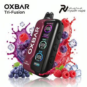 Oxbar Tri-Fusion 40K Disposable Vape - Grape Raspberry flavor, showcasing the sleek exterior and ergonomic design.