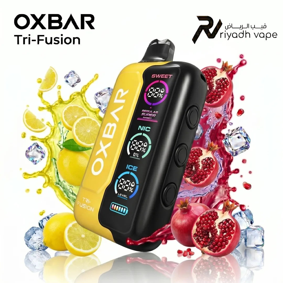 Oxbar Tri-Fusion 40K Disposable Vape - Lemon Pomegranate flavor, showcasing the sleek device design with mega screen.