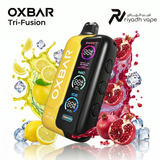 Oxbar Tri-Fusion 40K Disposable Vape - Lemon Pomegranate flavor, showcasing the sleek device design with mega screen.