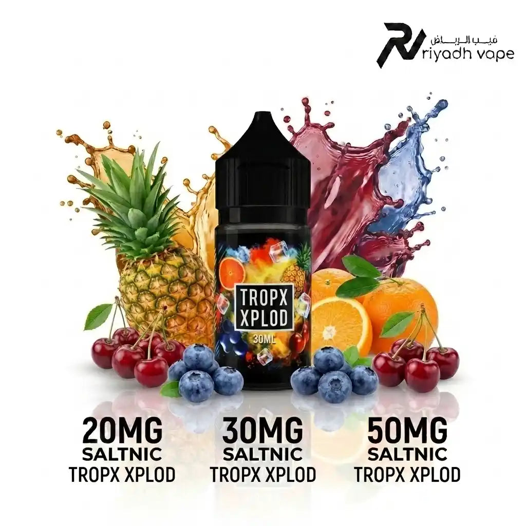 Sam's Vape Tropx Xplod salt nic e-liquid 30ml, tropical pineapple orange blueberry cherry, Riyadh Vape Shop