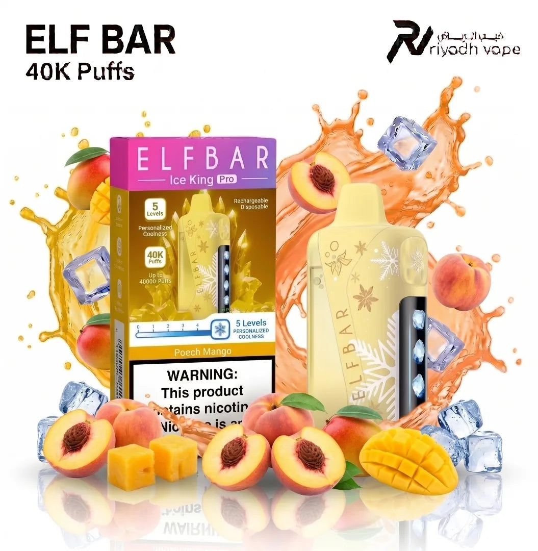 Elfbar Ice King Pro 40K Peach Mango disposable vape - 40,000 puffs, sweet tropical blend, same-day delivery in Riyadh