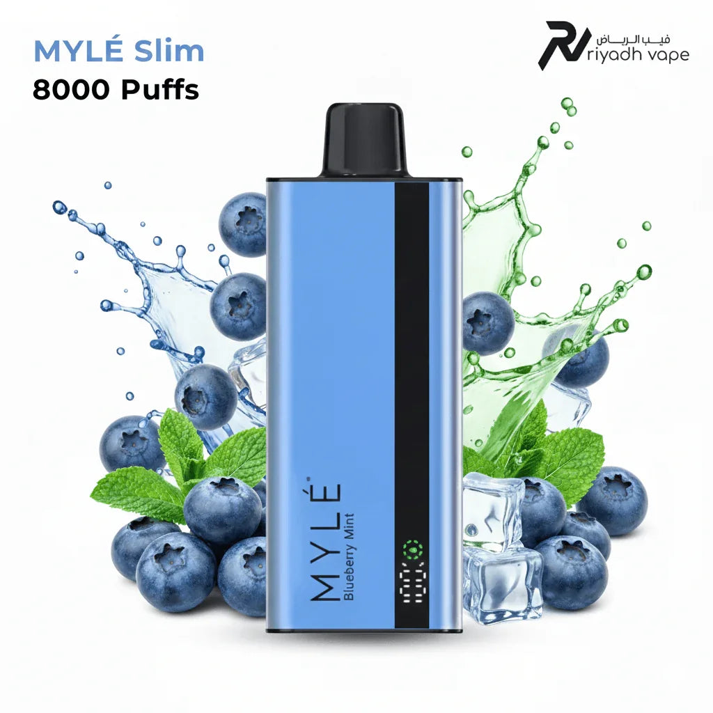 MYLE Slim vape device with blueberries and mint leaves on a white background