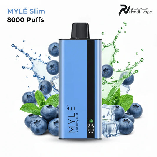 MYLE Slim vape device with blueberries and mint leaves on a white background