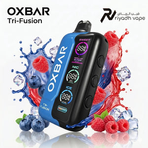 oxbar Tri-Fusion 40K Disposable Vape - Grape flavor, featuring the mega screen and adjustable sweetness and ice buttons.